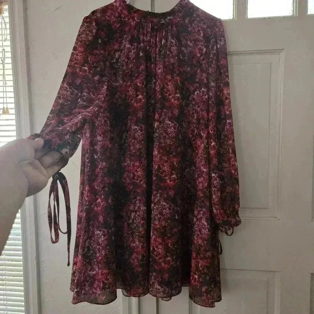 Mark + James Badgley Mischka Long Sleeve Trapeze Dress - Pink Multi Size 14 - Picture 3 of 12